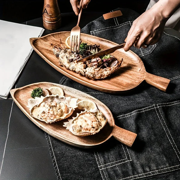 Wooden serving platter with food on a dark surface