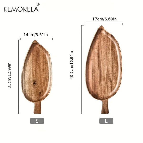 Wooden serving platter with dimensions labeled, featuring the KEMORELA brand.