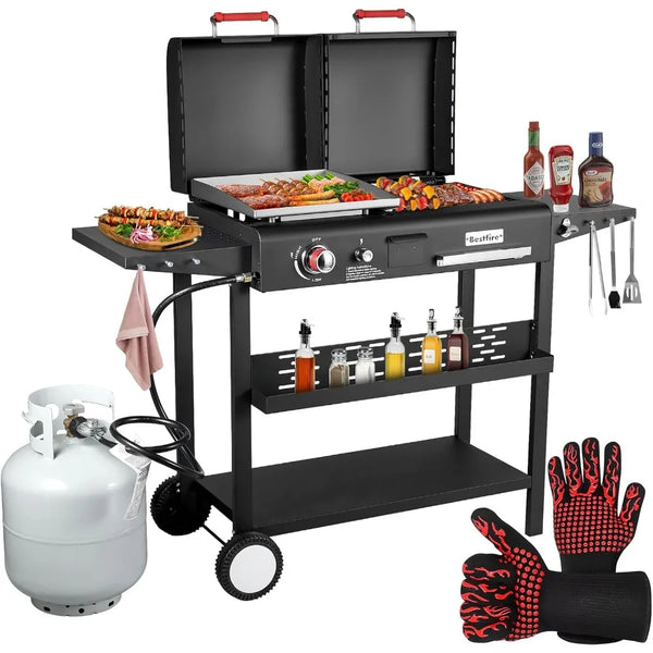 Dual Fuel Grill Combo - Propane/Charcoal + Flat Top | 12K BTU
