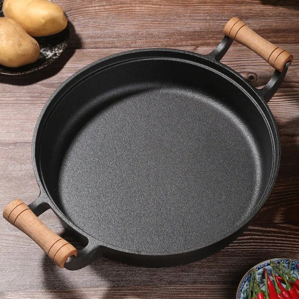 Professional Cast Iron Pancake Griddle - Uncoated Heavy-Duty Flat Pan with Wood Handle | Gas & Induction Compatible (29/31/33cm) - CulinaryWellBeing