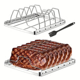 Stainless Steel Rib Rack Set - 4-Slot Collapsible BBQ Racks + Brush