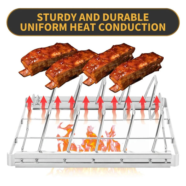 Stainless Steel Rib Rack Set - 4-Slot Collapsible BBQ Racks + Brush