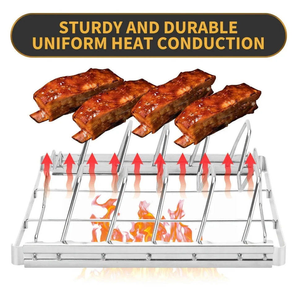 Stainless Steel Rib Rack Set - 4-Slot Collapsible BBQ Racks + Brush