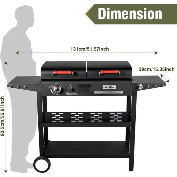Dual Fuel Grill Combo - Propane/Charcoal + Flat Top | 12K BTU