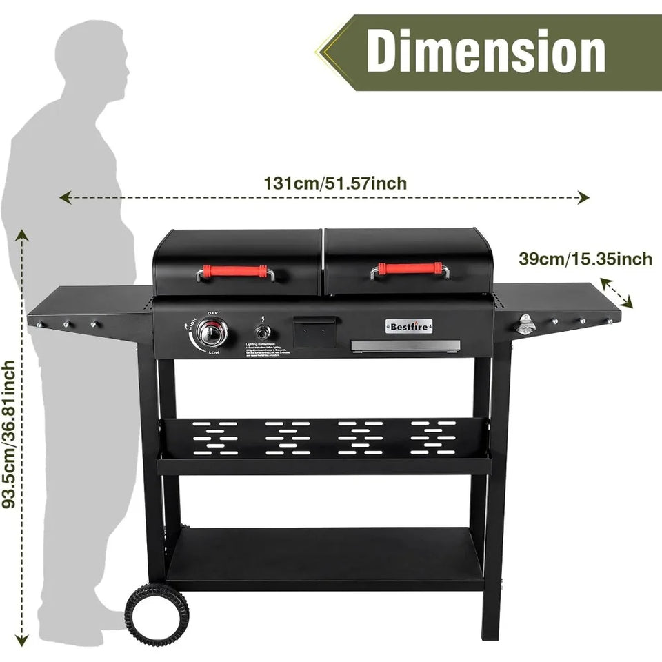 Dual Fuel Grill Combo - Propane/Charcoal + Flat Top | 12K BTU