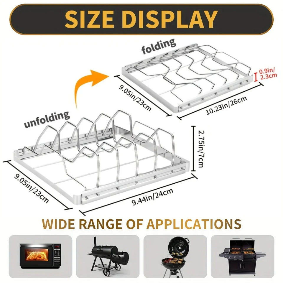 Stainless Steel Rib Rack Set - 4-Slot Collapsible BBQ Racks + Brush