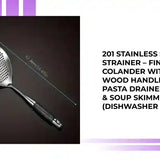 201 Stainless Steel Kitchen Strainer – Fine Mesh Colander with Beech Wood Handle | Multi-Use Pasta Drainer, Berry Sieve & Soup Skimmer (Dishwasher Safe) by@Outfy