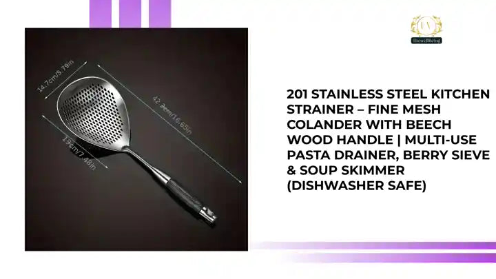 201 Stainless Steel Kitchen Strainer &ndash; Fine Mesh Colander with Beech Wood Handle | Multi-Use Pasta Drainer, Berry Sieve &amp; Soup Skimmer (Dishwasher Safe) by@Outfy