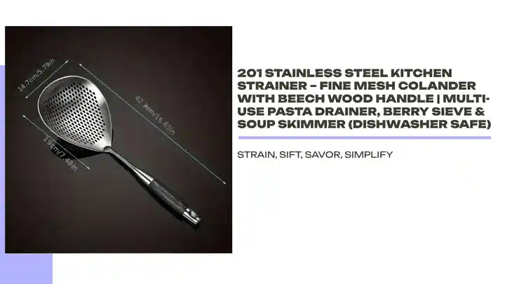 201 Stainless Steel Kitchen Strainer &ndash; Fine Mesh Colander with Beech Wood Handle | Multi-Use Pasta Drainer, Berry Sieve &amp; Soup Skimmer (Dishwasher Safe) by@Outfy