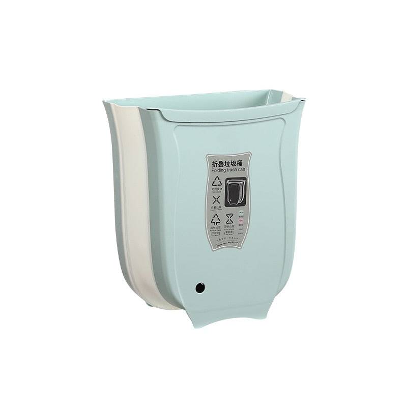 Wall mounted foldable waste bin for kitchen cabinet or bathroom, space-saving and versatile design.