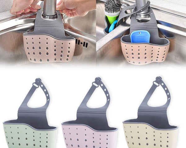 Adjustable storage drain basket sink holder with drainage holes and durable plastic design for kitchen organization.