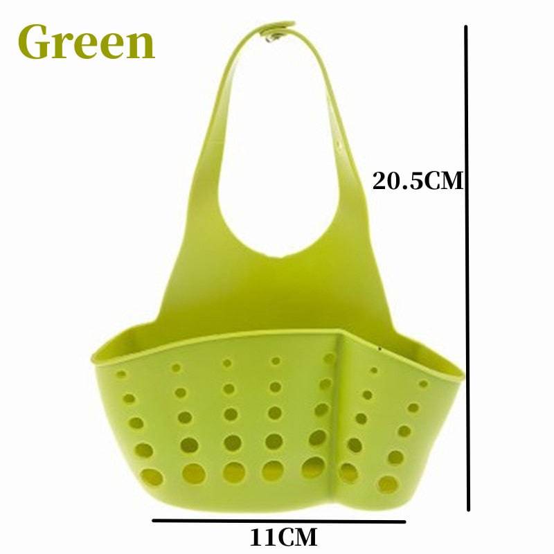 Green adjustable storage drain basket sink holder, plastic, durable, with drainage holes, ideal for kitchen or bathroom organization.