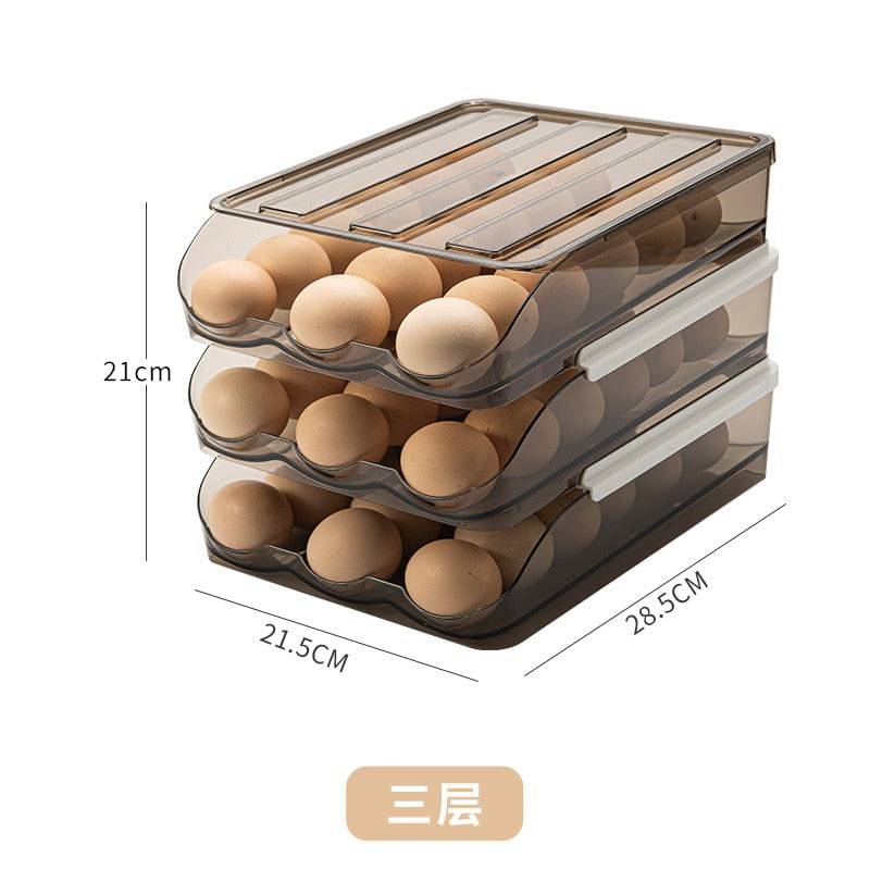 Automatic rolling egg box multi-layer rack holder with eggs inside.
