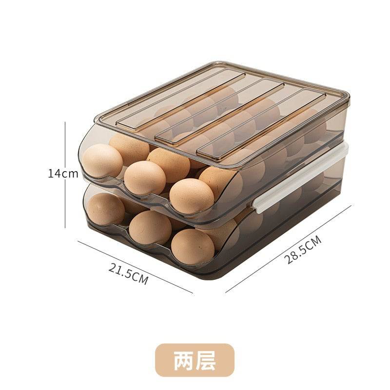 Automatic rolling egg box multi-layer rack holder for fridge storage, translucent design, PET material, dimension 28.5x21.5x14cm.