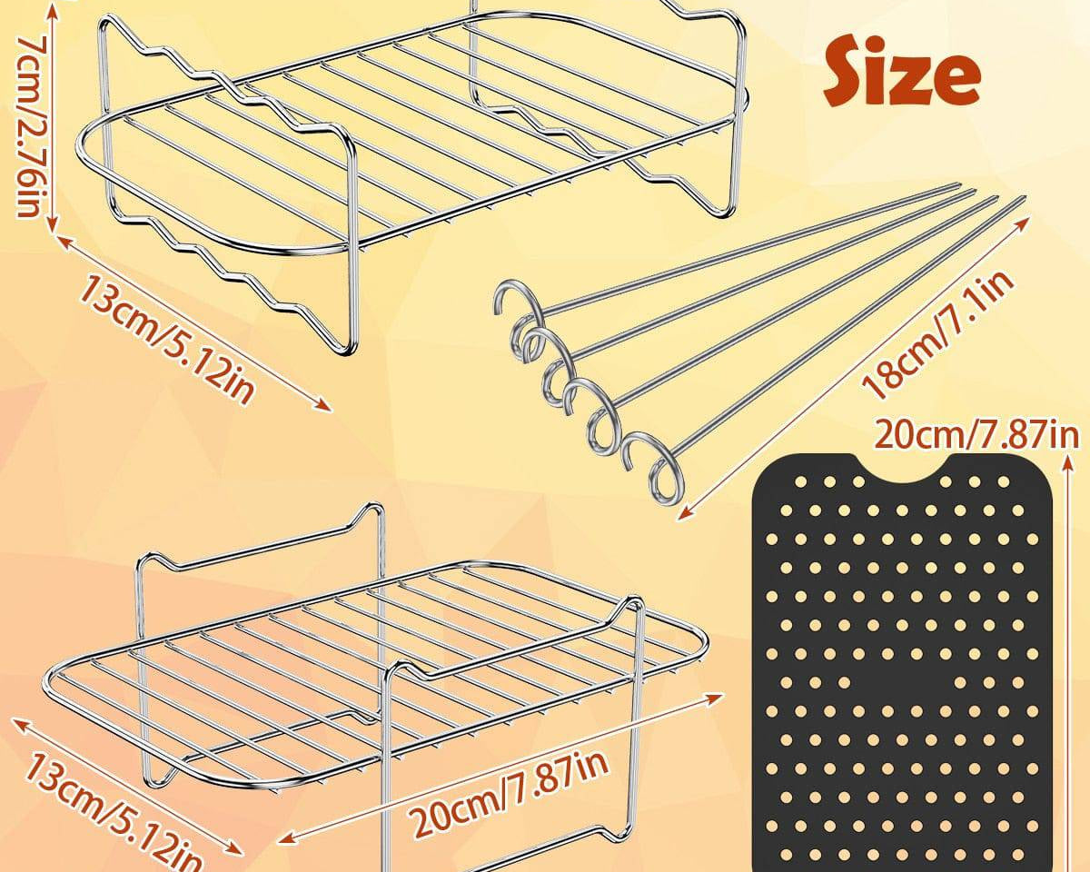 TheWellBeing™ 4-Piece Stainless Steel Air Fryer Accessories Set - SkewFood-Grade Safe Material
This air fryer accessories set includes 2 air fryer silicone mat, 2 stainless steel air fryer rack with 4 skewers, which is made of food-graTheWellBeing1TheWellBeing™ 4-Piece Stainless Steel Air Fryer Accessories Set - Skewers Rack, Silicone Mat,CulinaryWellBeing