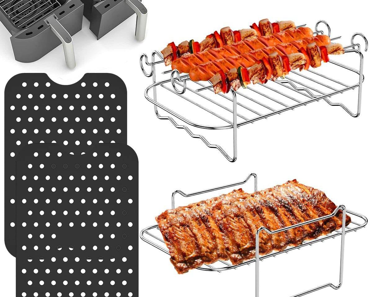 TheWellBeing™ 4-Piece Stainless Steel Air Fryer Accessories Set - SkewFood-Grade Safe Material
This air fryer accessories set includes 2 air fryer silicone mat, 2 stainless steel air fryer rack with 4 skewers, which is made of food-graTheWellBeing1TheWellBeing™ 4-Piece Stainless Steel Air Fryer Accessories Set - Skewers Rack, Silicone Mat,CulinaryWellBeing