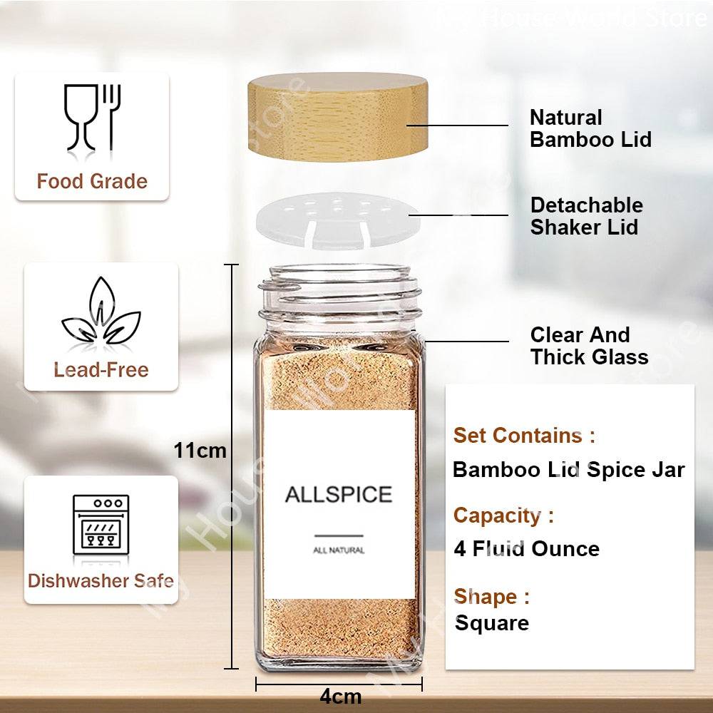 Glass Spice Jars with Bamboo Lid Spice Seasoning ContainersSpecification: 4oz Glass Spice Jars (120ML)Cover: bamboo coverMaterial: lead-free glassSpices: black pepper, rosemary, sage, pepper, sugar, salt, oregano, parsley, sTheWellBeing1Bamboo Lid Spice Seasoning ContainersCulinaryWellBeing