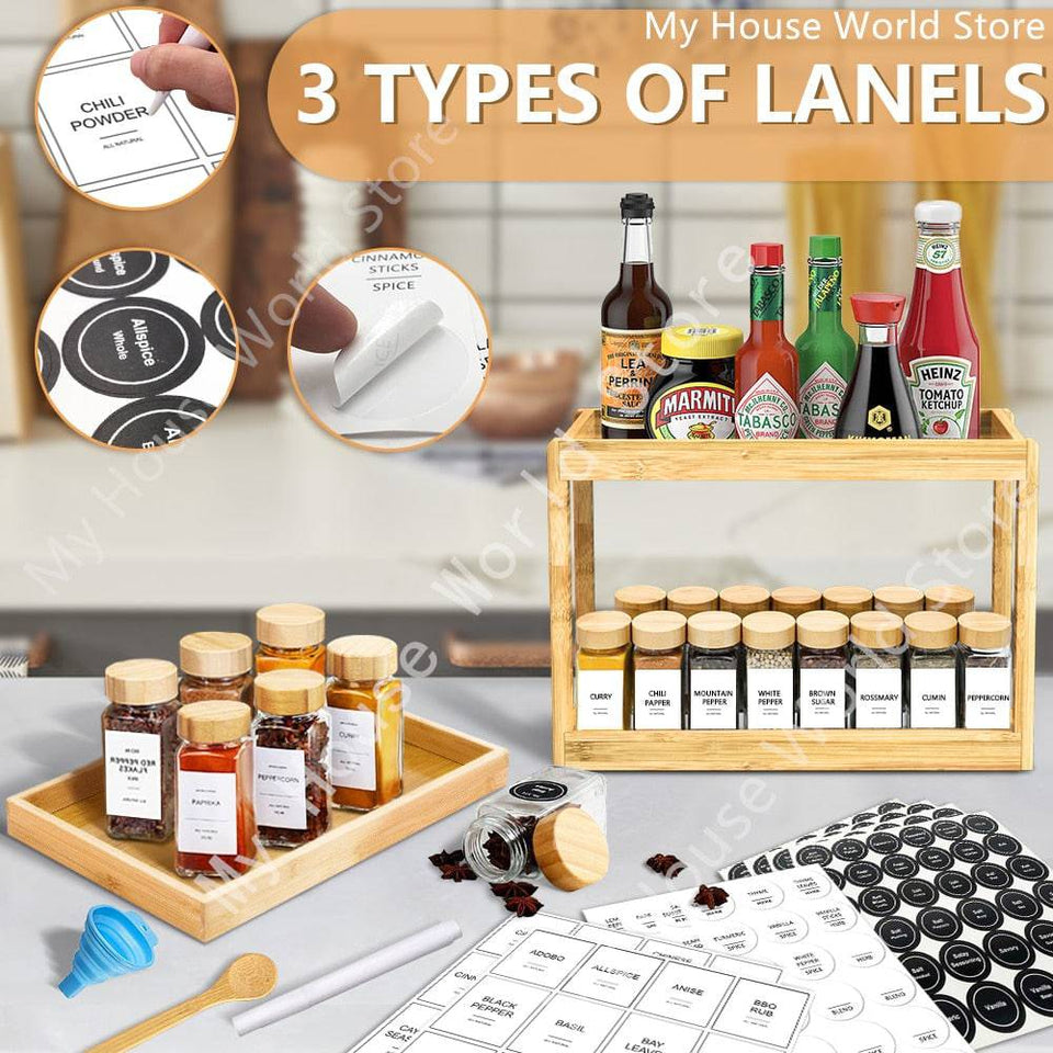 Glass Spice Jars with Bamboo Lid Spice Seasoning ContainersSpecification: 4oz Glass Spice Jars (120ML)Cover: bamboo coverMaterial: lead-free glassSpices: black pepper, rosemary, sage, pepper, sugar, salt, oregano, parsley, sTheWellBeing1Bamboo Lid Spice Seasoning ContainersCulinaryWellBeing