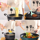Wooden handle silicone kitchen utensils set with storage bucket, high-temperature resistant, non-stick, 12-piece set, showing various cooking uses.