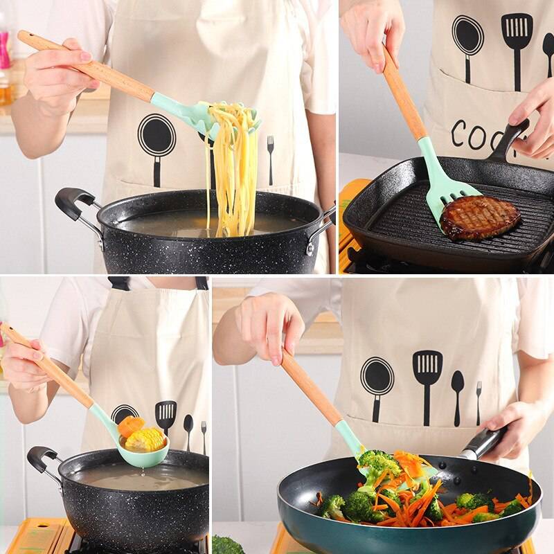 Wooden handle silicone kitchen utensils set with storage bucket, high-temperature resistant, non-stick, 12-piece set, showing various cooking uses.