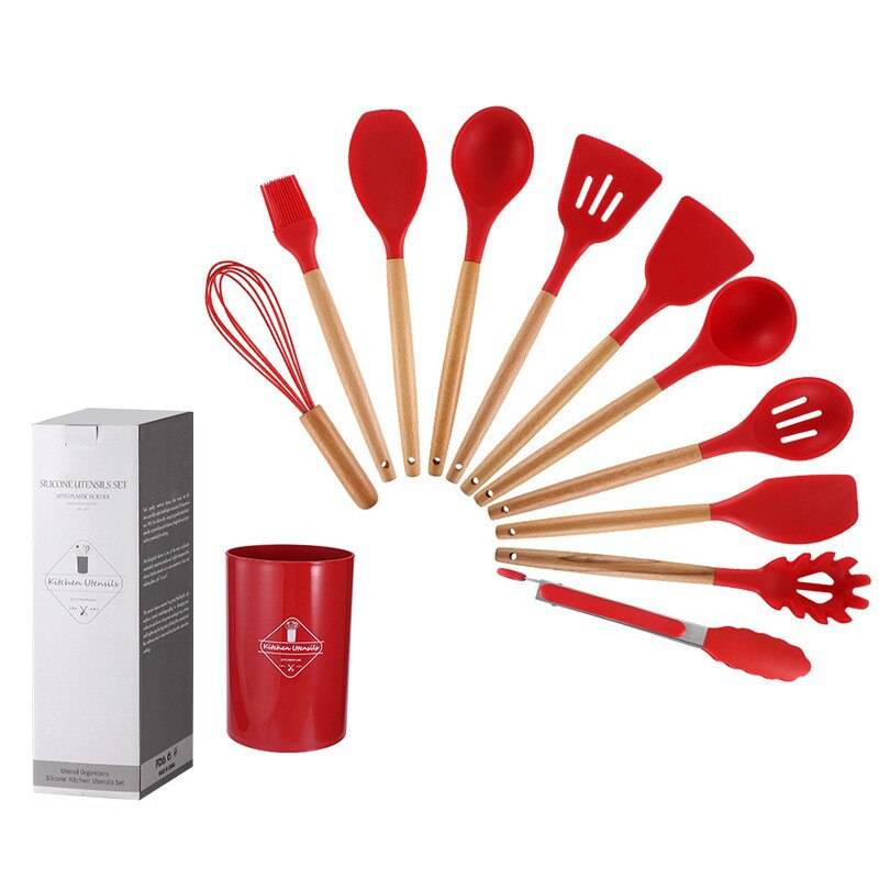 Wooden handle silicone kitchen utensils set with storage bucket, red, non-stick, high temperature resistant, 12 pieces.