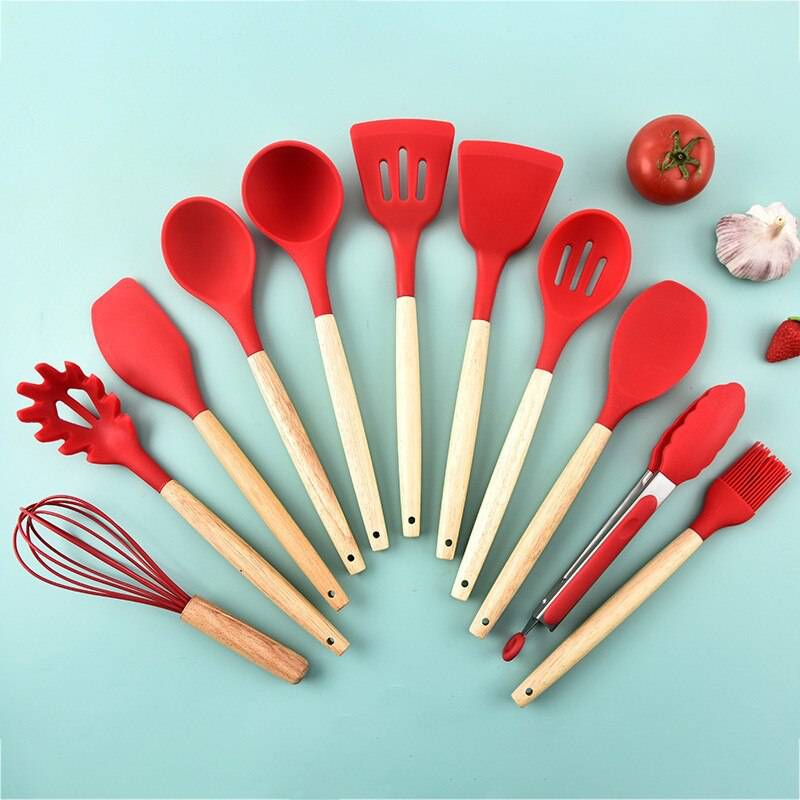 12-piece wooden handle silicone kitchen utensils set with storage bucket, high temperature resistant, non-stick spatula and spoon, red.