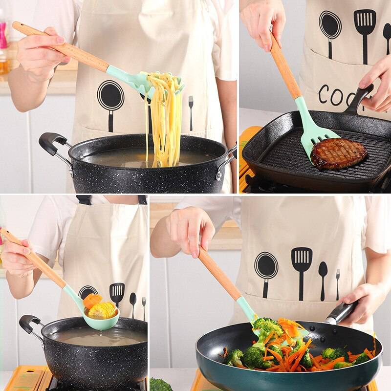 Wooden Handle Silicone Kitchen Utensils With Storage Bucket High Temperature Resistant And Non Stick Pot Spatula And Spoon 12pcs - Culinarywellbeing