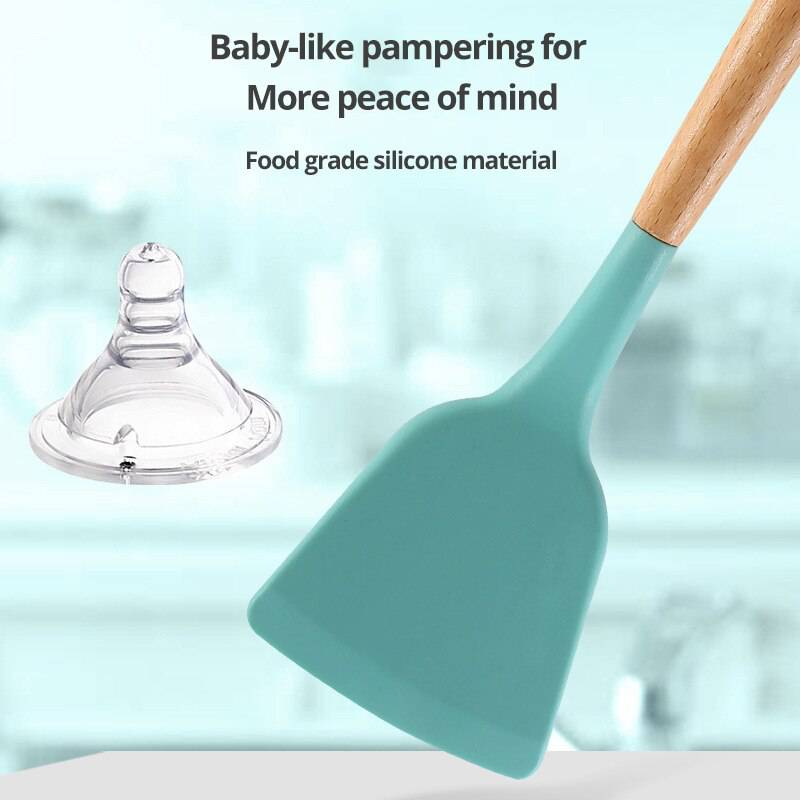 Wooden handle silicone kitchen utensils set, non-stick and heat resistant, light green spatula shown.