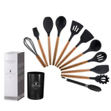 Wooden Handle Silicone Kitchen Utensils With Storage Bucket High Temperature Resistant And Non Stick Pot Spatula And Spoon 12pcs - Culinarywellbeing