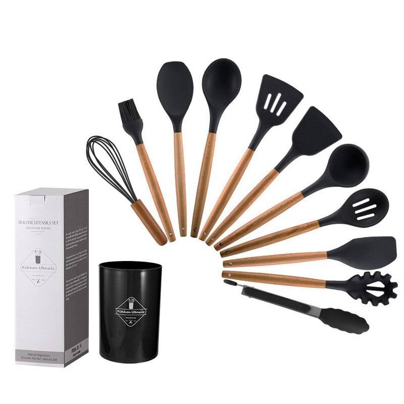 Wooden handle silicone kitchen utensils set with storage bucket, non-stick, high temperature resistant, 12-piece set in modern minimalist style.