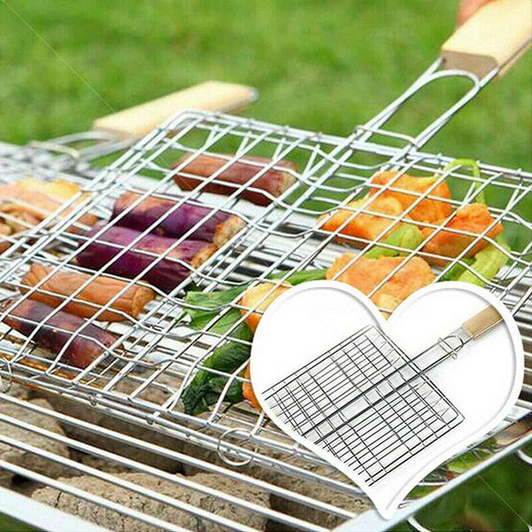 Stainless steel barbecue grilling basket with wooden handle, perfect for meat, fish, and vegetables.