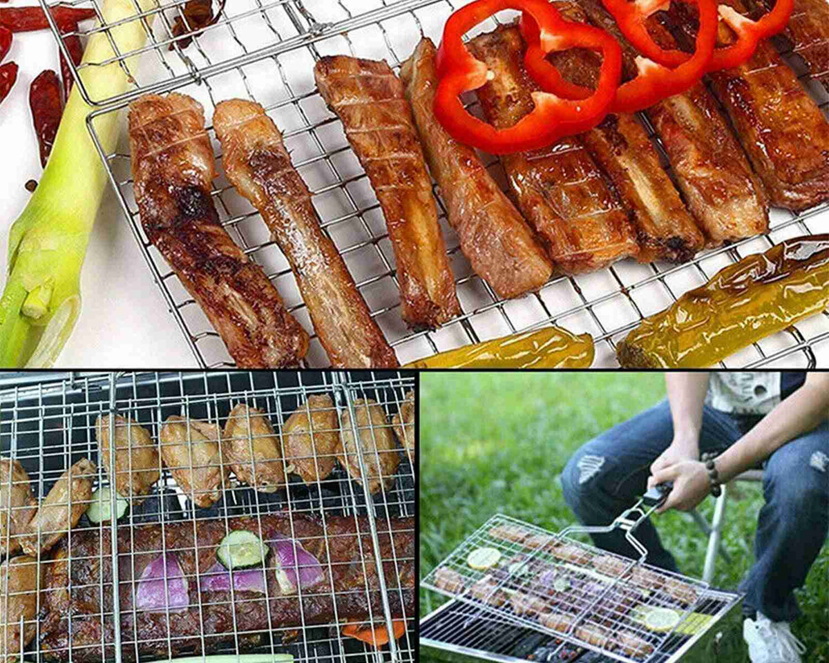 Stainless steel barbecue grilling basket for steak, meat, and fish with wooden handle, ideal for outdoor BBQ.