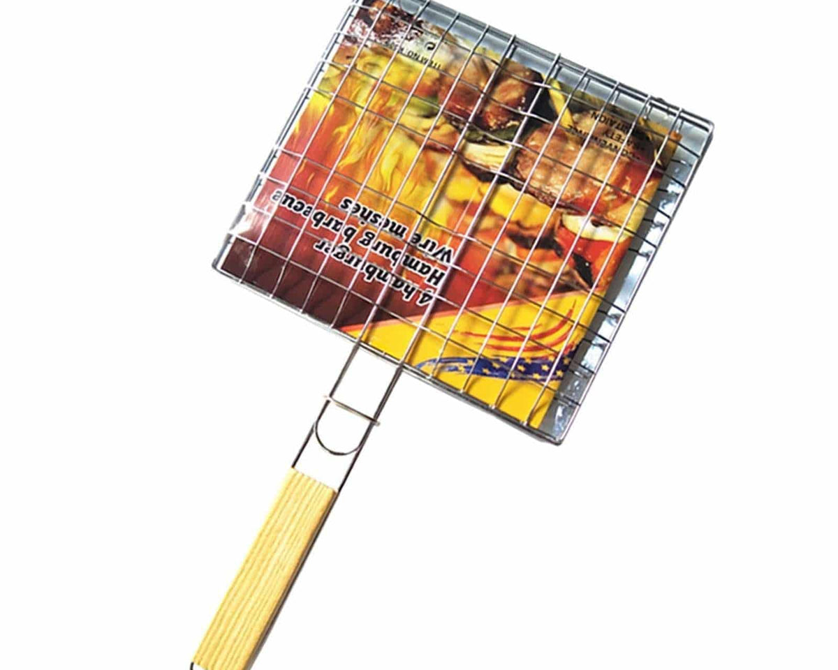 Barbecue grilling basket with wooden handle for steak, meat, and fish.