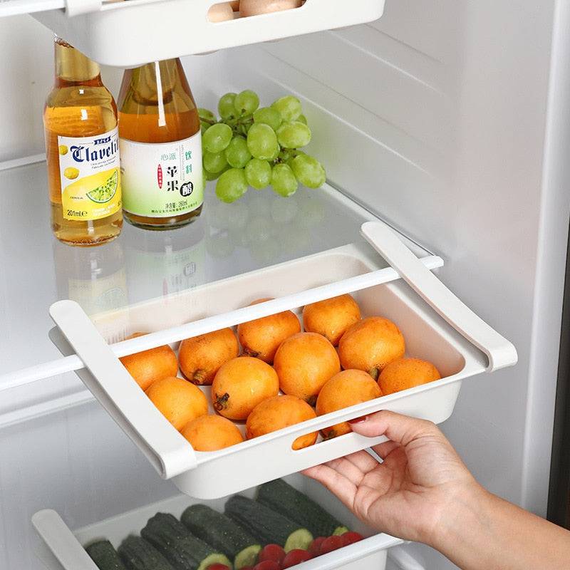 Hanging refrigerator storage box drawer with fruits and vegetables, white PP material.