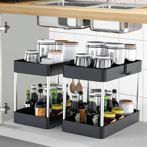 Sink storage organizer with 2-tier drawers under kitchen sink.