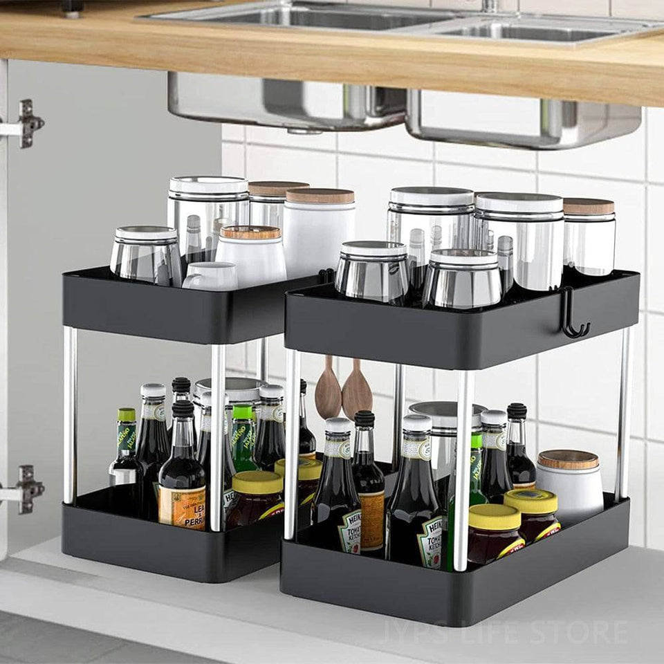 Sink storage organizer with 2-tier drawers under kitchen sink.