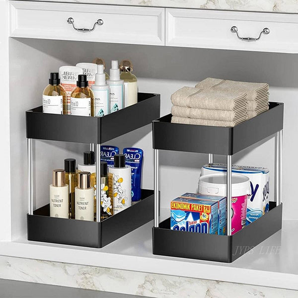 Under sink storage organizer with 2 tier drawers, multipurpose rack for bathroom and kitchen.