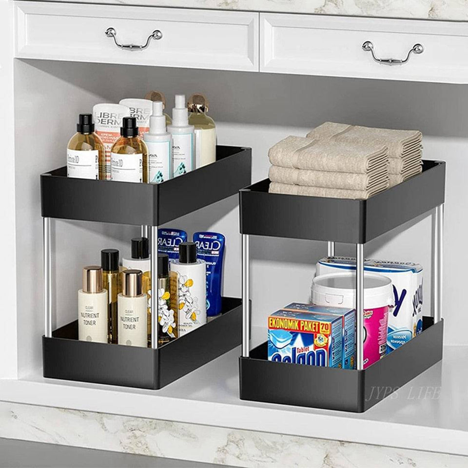 Under sink storage organizer with 2 tier drawers, multipurpose rack for bathroom and kitchen.