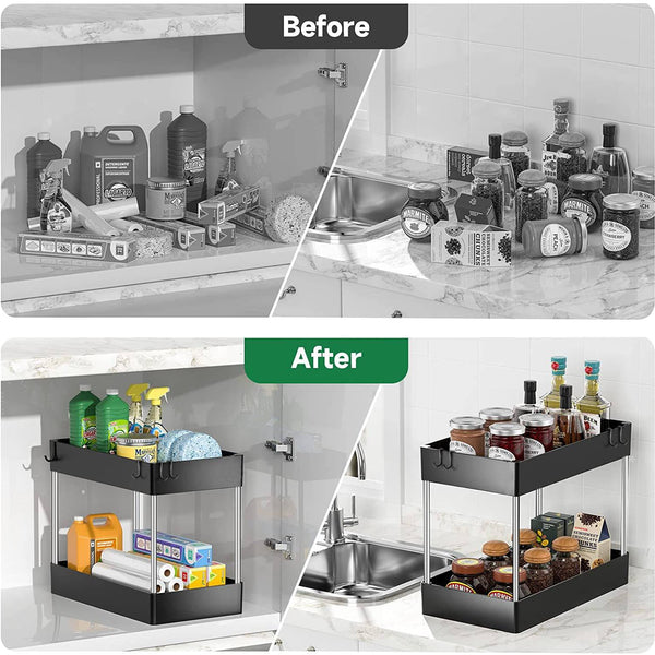 Before and after comparison of under sink storage with a 2-tier organizer rack in a kitchen setting.