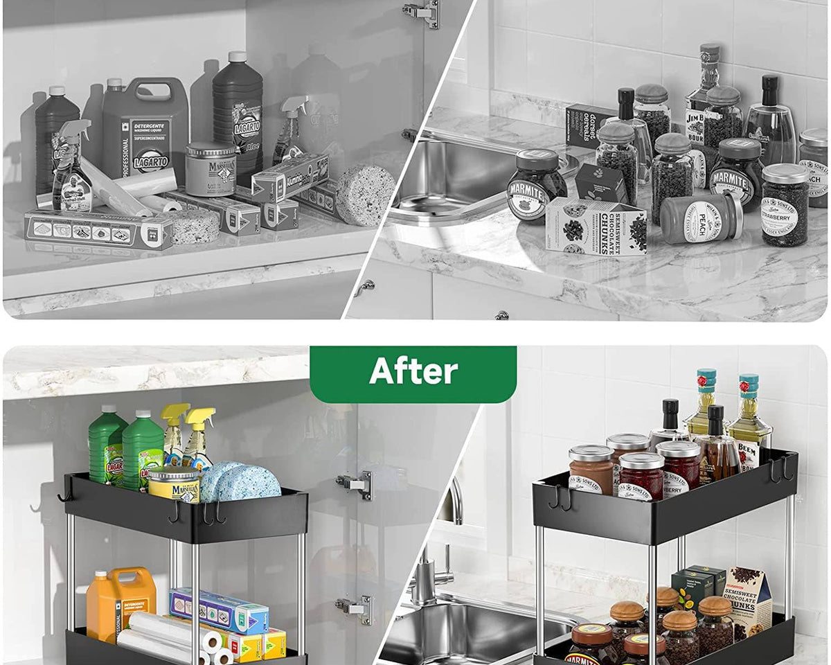 Before and after comparison of under sink storage with a 2-tier organizer rack in a kitchen setting.