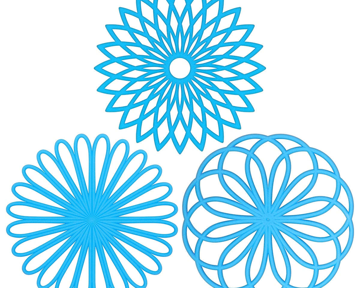 Silicone trivet mats with geometric flower design, heat-resistant and non-slip table protectors.