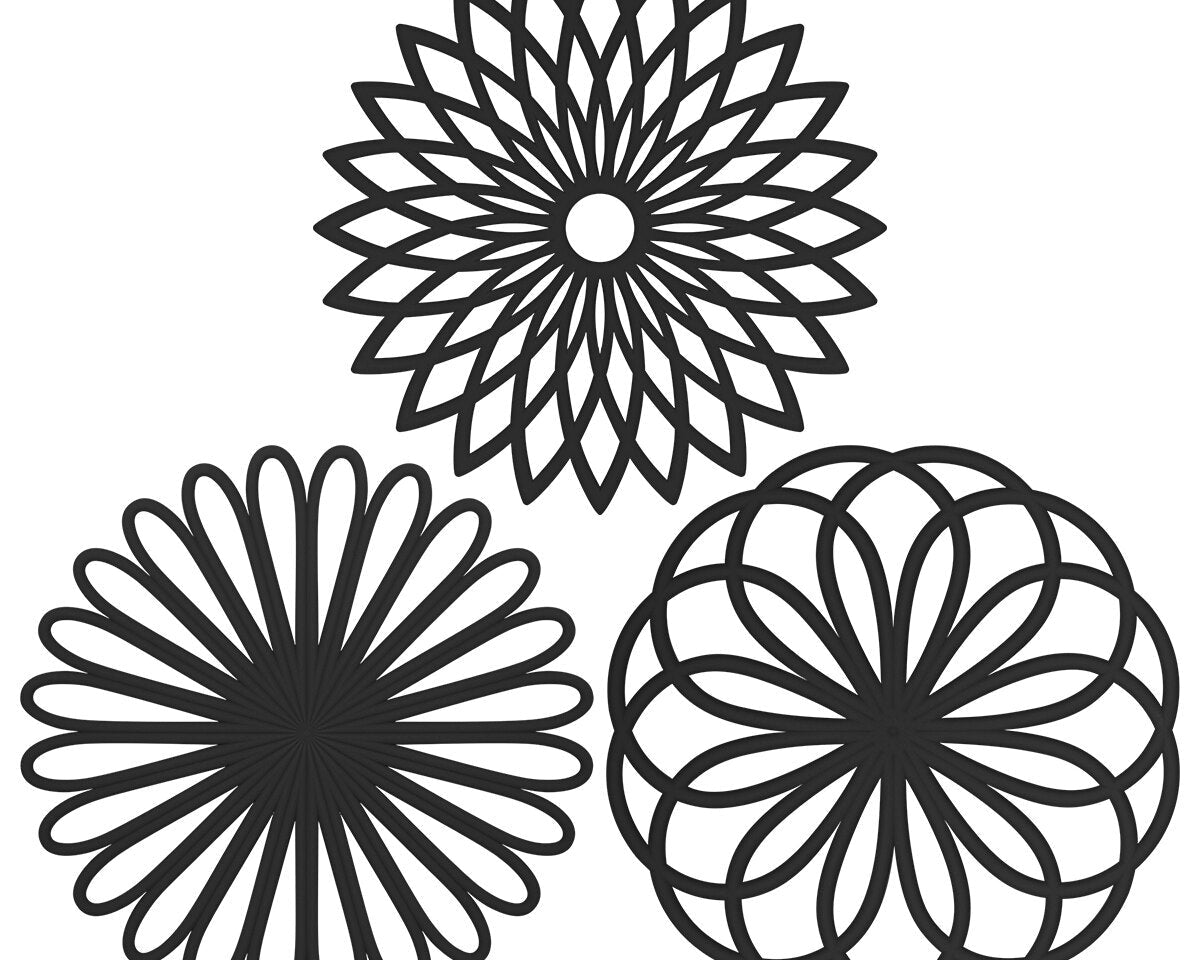 Silicone trivet mat set with geometric flower woven design for heat resistance and table protection.