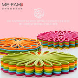 Silicone Trivet Mat in geometric flower design, durable and insulated, available in vibrant colors for heat resistance and non-slip table protection.