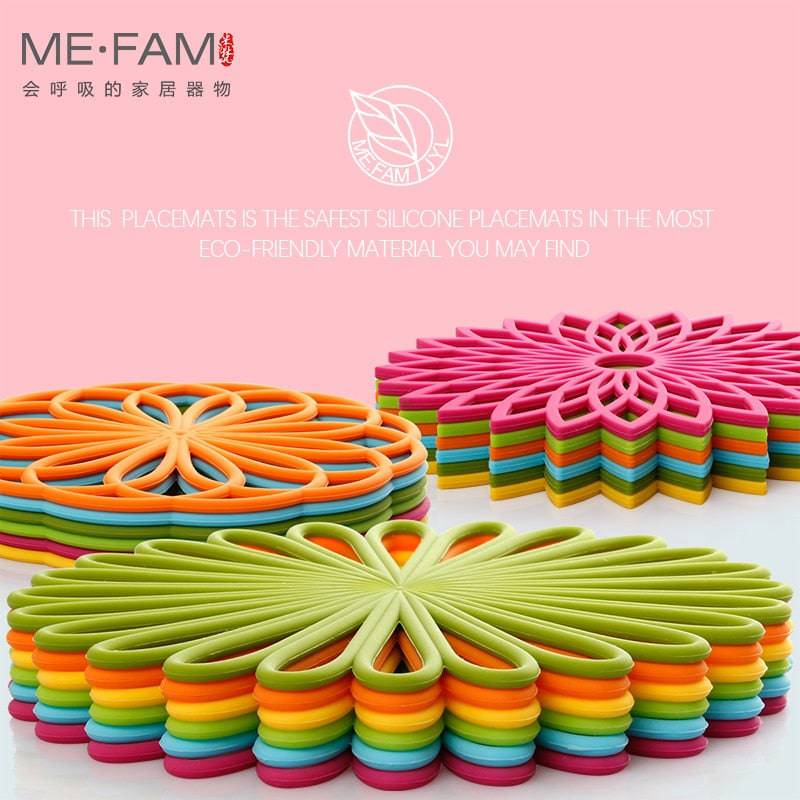 Silicone Trivet Mat in geometric flower design, durable and insulated, available in vibrant colors for heat resistance and non-slip table protection.