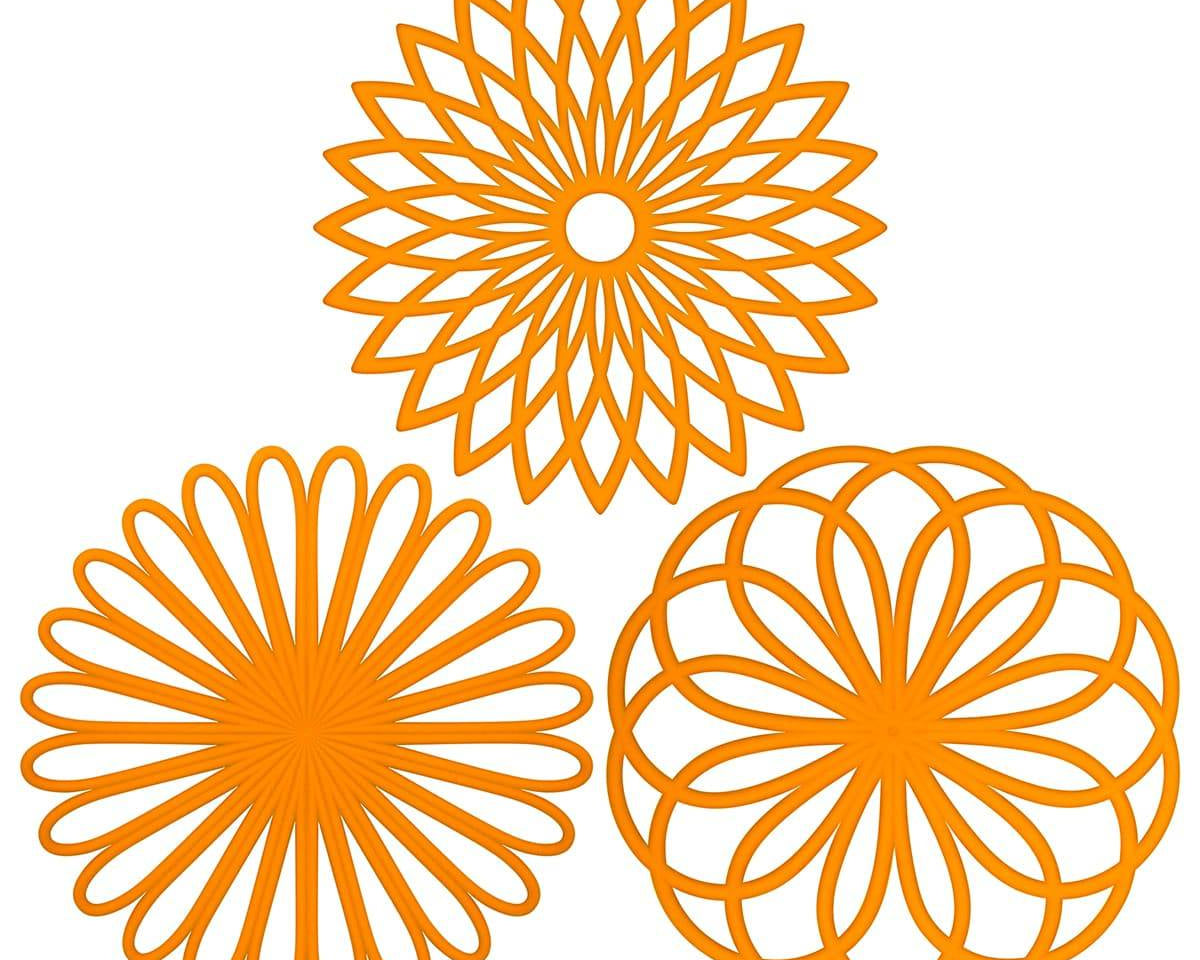 Silicone trivet mat set with geometric flower design in orange, heat resistant and non-slip.