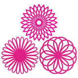 Silicone trivet mat set in geometric flower designs, durable and insulated.