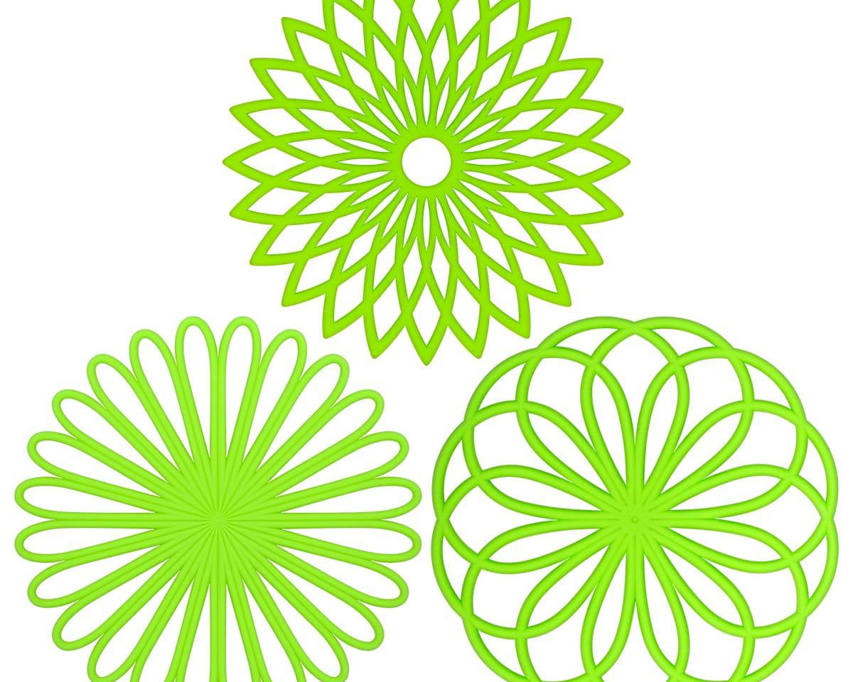Silicone trivet mat set in geometric flower design, green color. Durable, insulated, and non-slip for heat resistance.