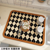 Large kitchen super absorbent draining drying mat with checkered pattern, used for tableware drying and splash protection.