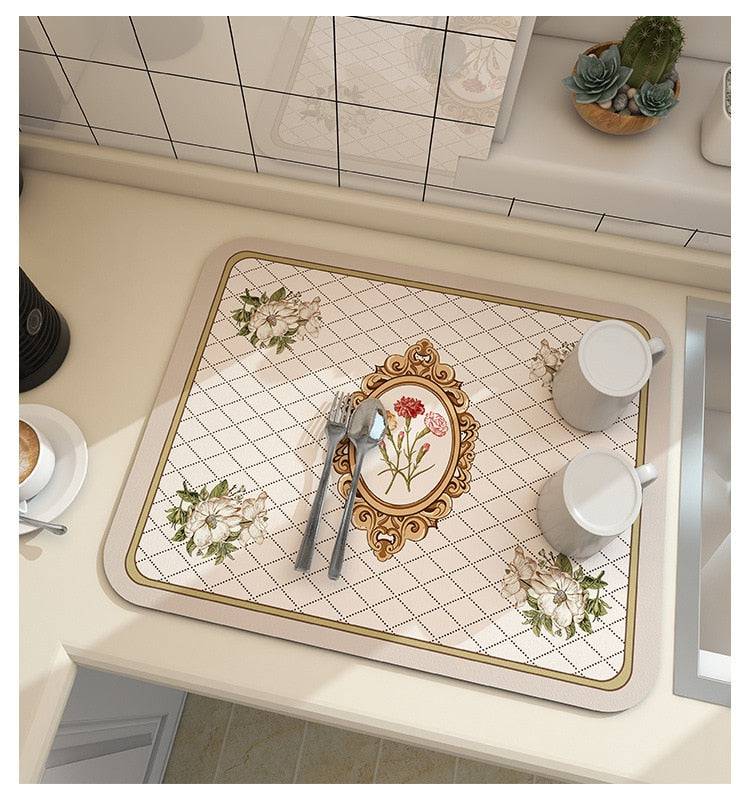 Large kitchen super absorbent draining drying mat with floral pattern on countertop.