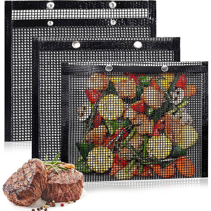 Reusable non-stick mesh grill bags for BBQ, easy to use and reliable, made from PTFE material.